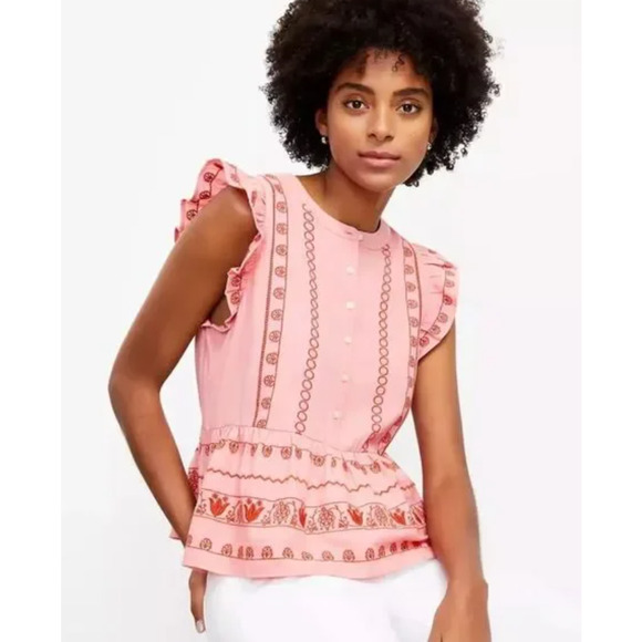 LOFT Floral Embroidered Henley Blouse Pink Peplum Ruffle Boho Feminine Size M - Picture 1 of 10
